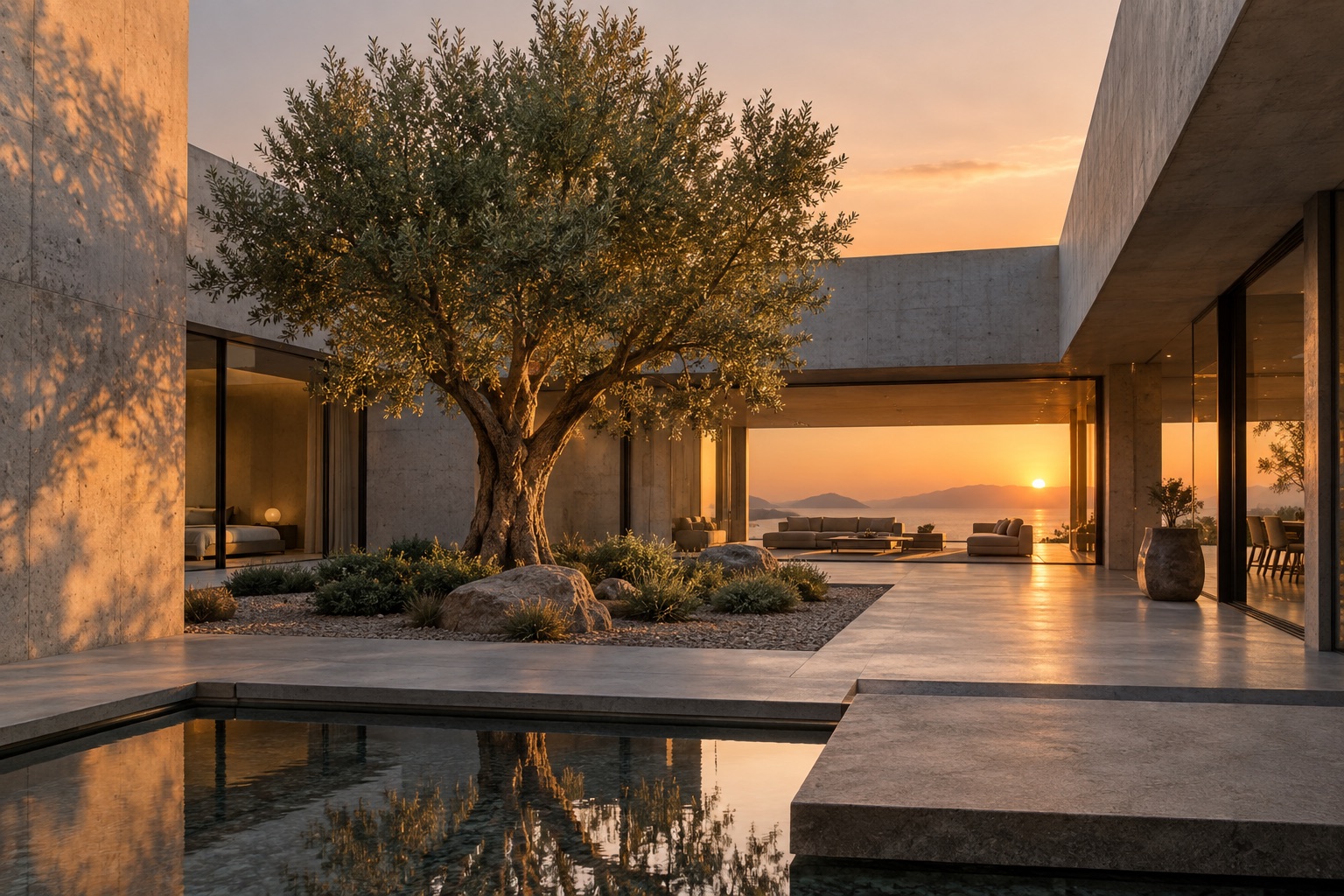 Sculptural concrete courtyard home at sunset with a tree and warm interior light.