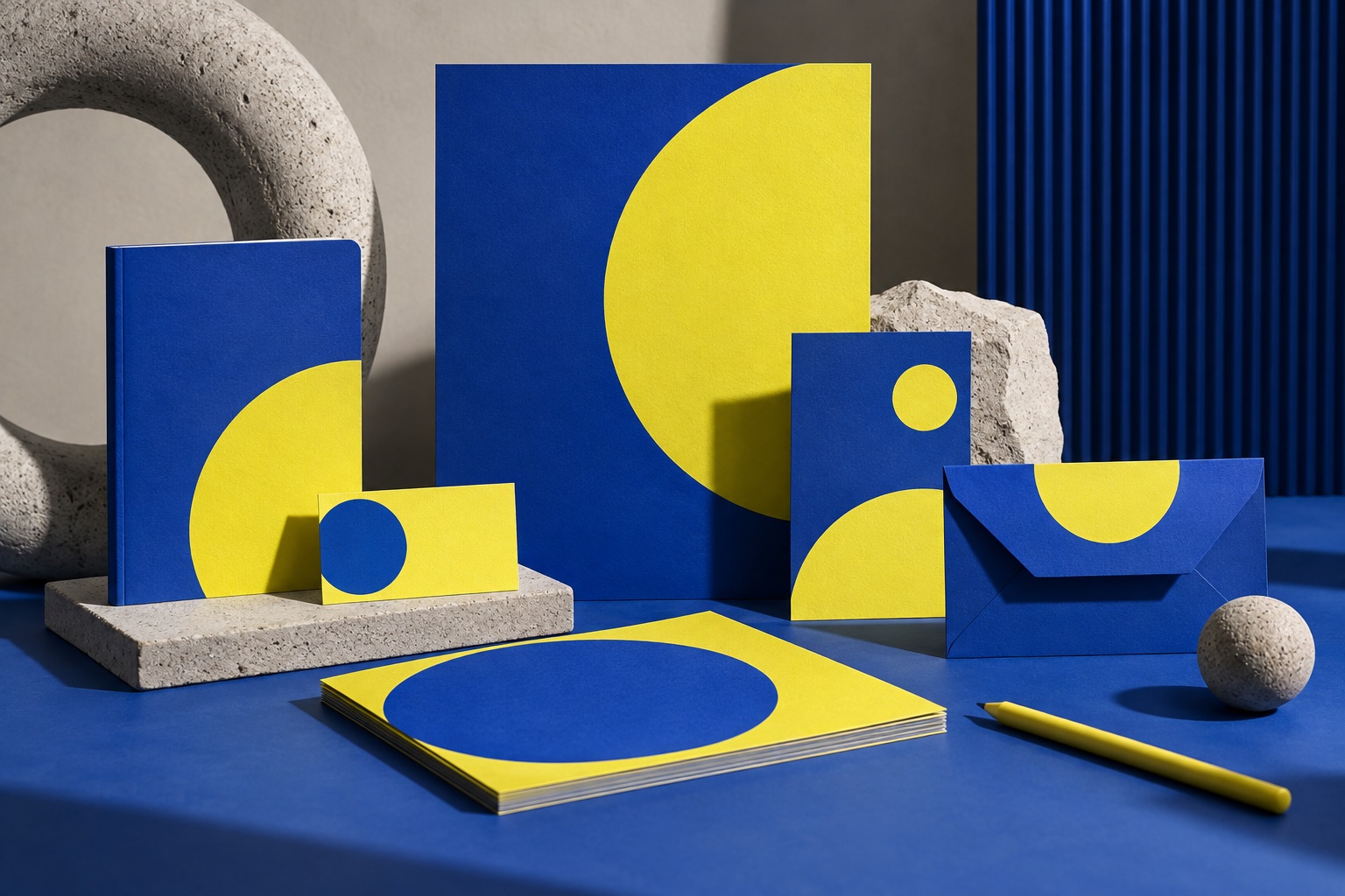 Cobalt blue and yellow stationery with abstract circular graphic designs.